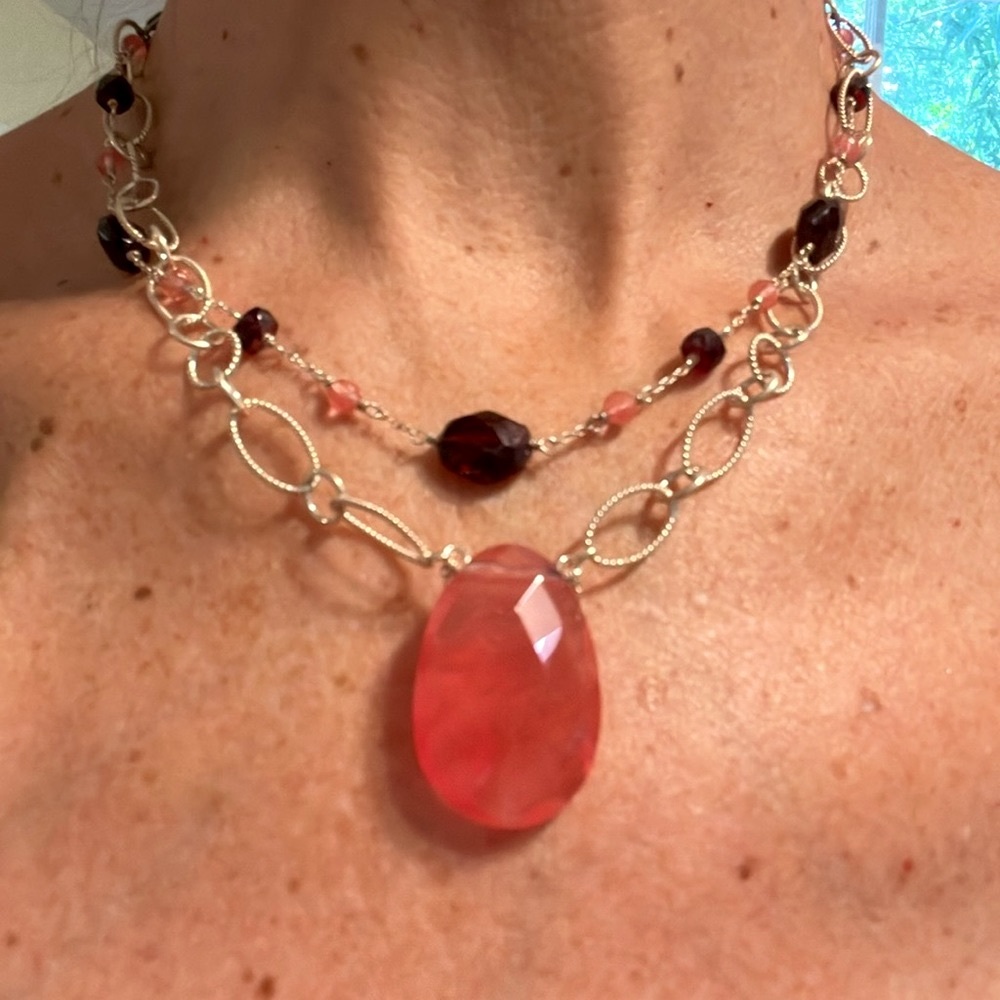 Chan Luu Silver Garnet and Rose Quartz Double Strand Necklace
